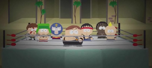 Kyle, Kenny, Cartman, Stan, Token and Jimmy dressed for W.T.F.